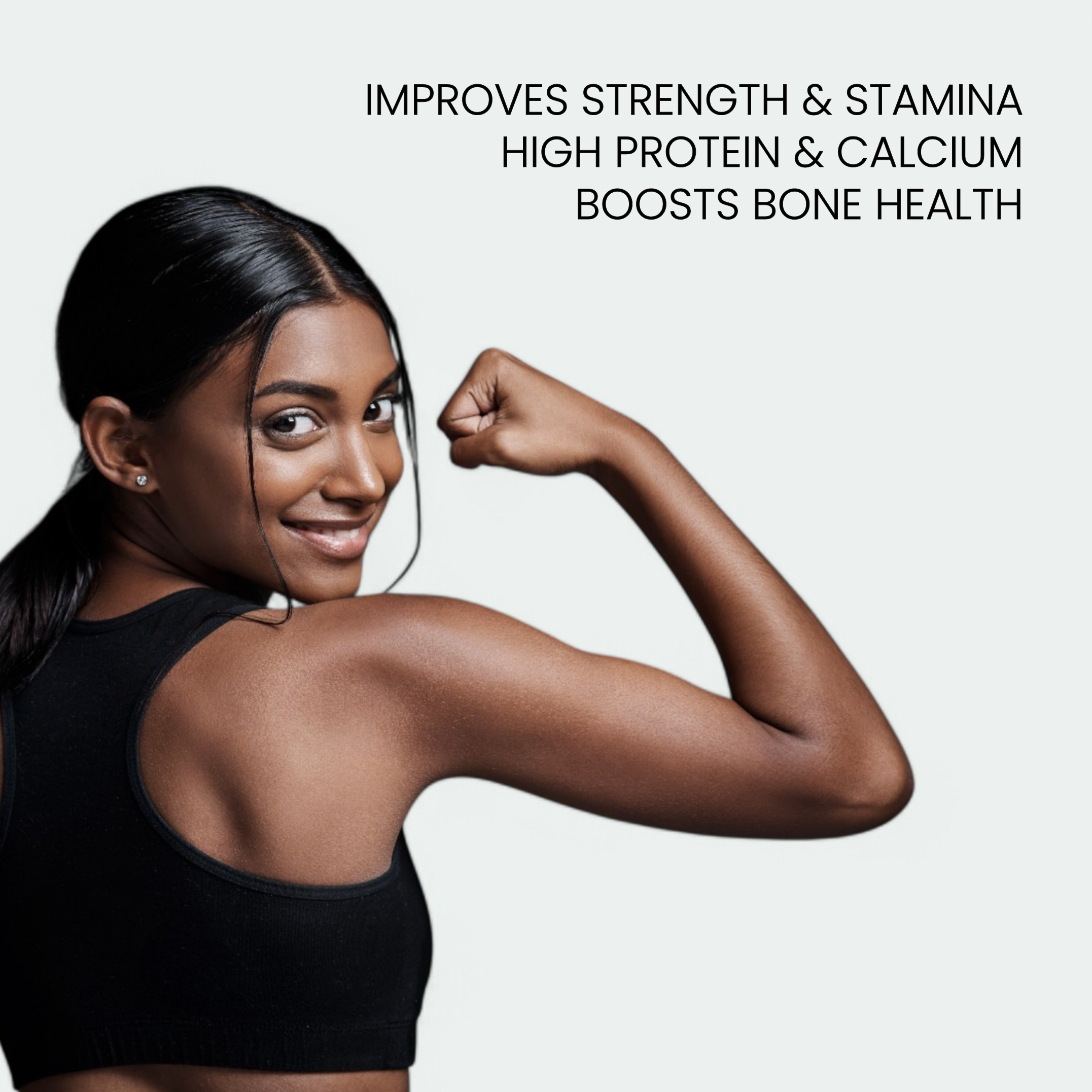 Woman showing strength – Kali Mix plant-based natural protein powder for stamina and bone health