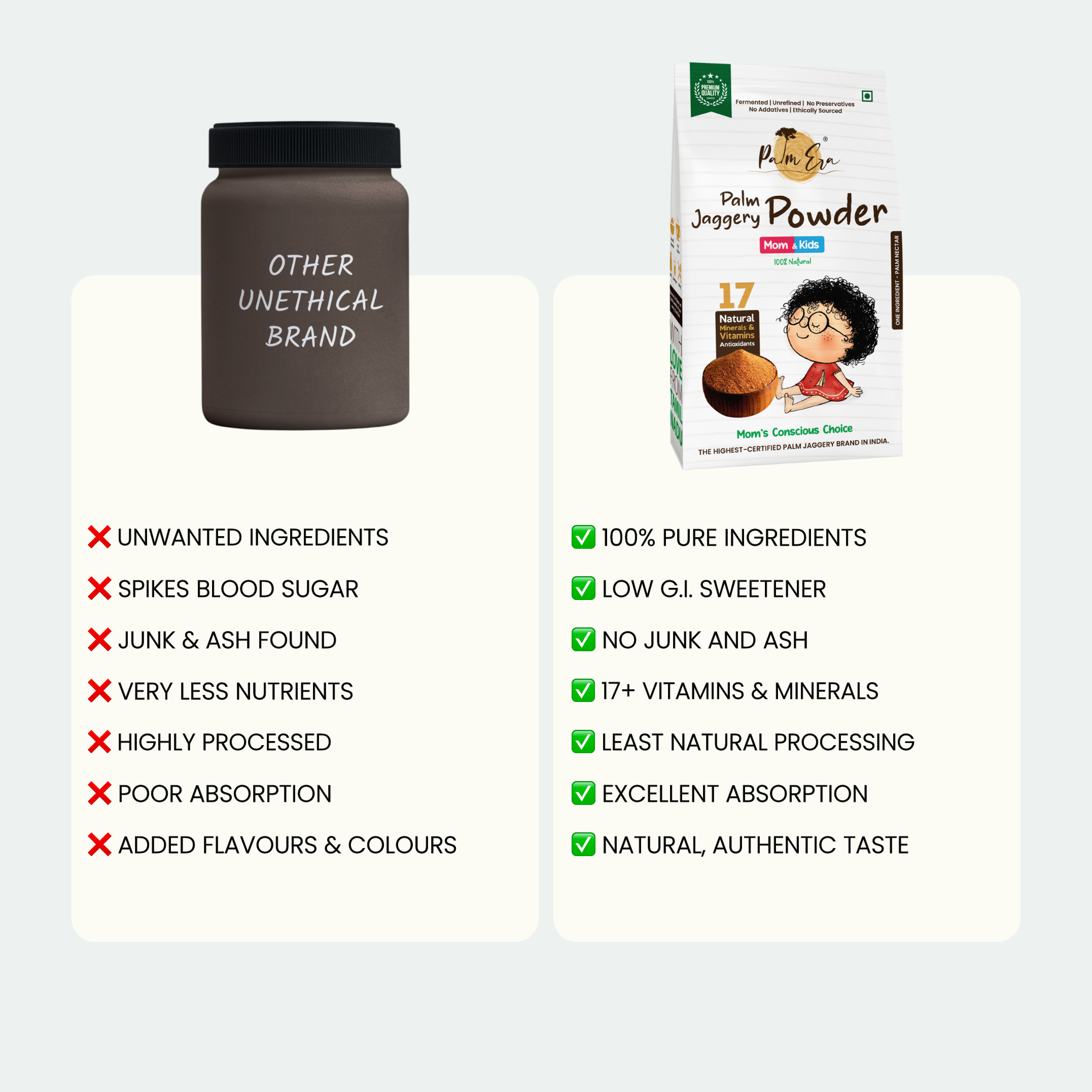 Palm Era Mom & Kids jaggery powder vs other brands – pure and safe choice