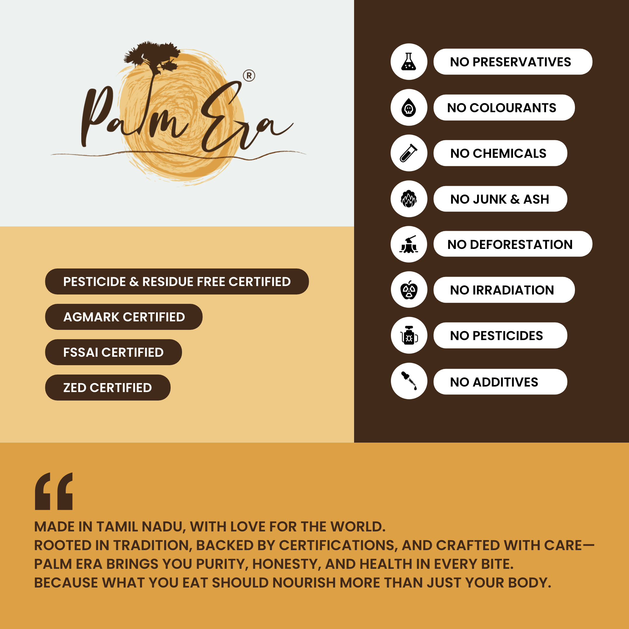 Palm Era certifications – AGMARK, FSSAI, pesticide-free jaggery powder