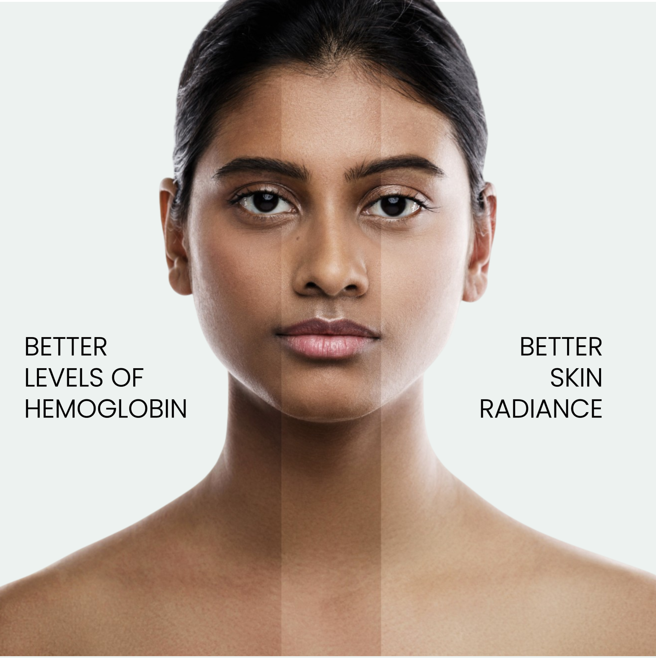 Woman showing improved skin radiance and better hemoglobin levels after using Red Bliss