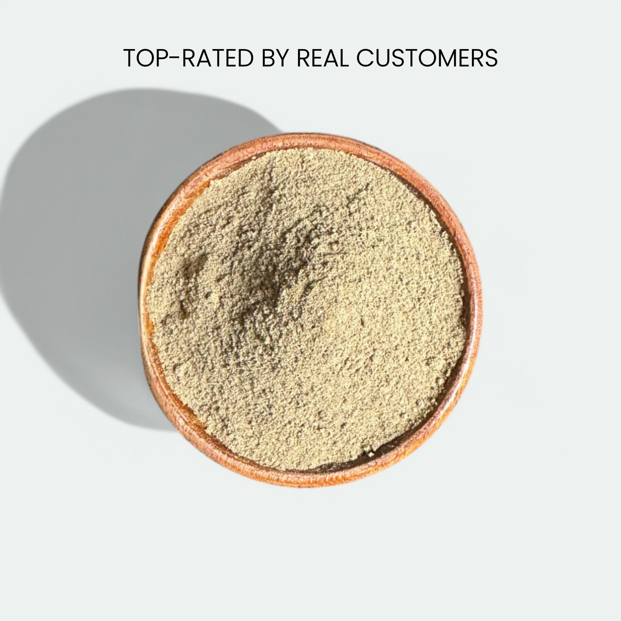 Customer-rated natural wellness powder in wooden bowl